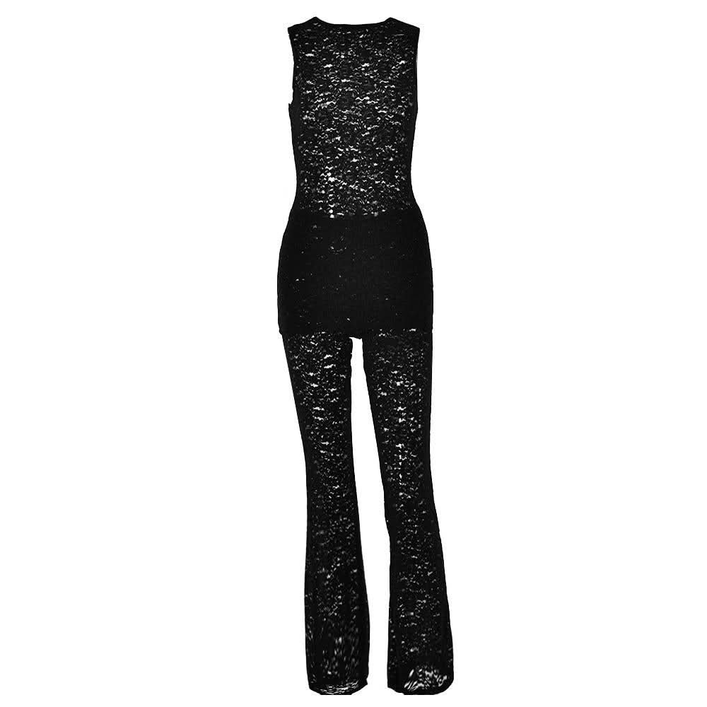 Effortless Elegance: Black Lace Sleeveless Top & Flared Pant Set for Fall & Holiday Glam