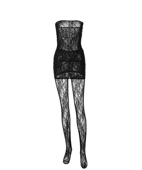 Seductive Black Lace Tube Mini Dress & Sheer Tights Set - Halloween, Party & Date Night Ready