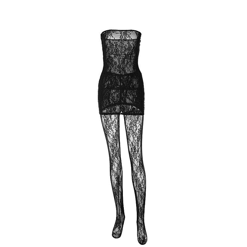 Seductive Black Lace Tube Mini Dress & Sheer Tights Set - Halloween, Party & Date Night Ready