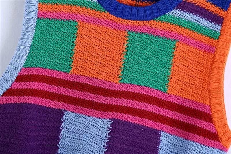 Vibrant Retro Knit Vest & Shorts Set - Cozy Fall Transition Style