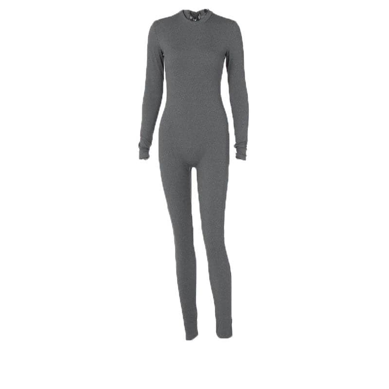 Cozy Chic Ribbed Mock Neck Jumpsuit - Women's Long Sleeve Zip-Up One-Piece for Effortless Fall Style