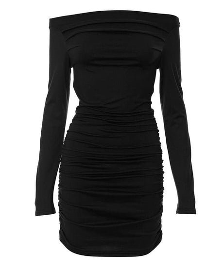 Fall Party Ready: Ruched Off-Shoulder Long Sleeve Bodycon Mini Dress - Charcoal Chic