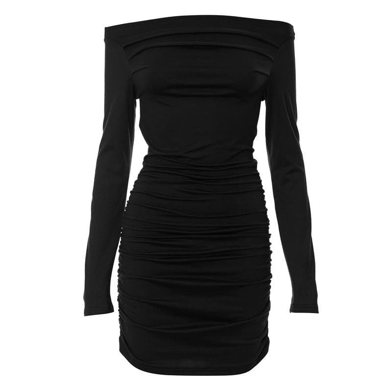 Fall Party Ready: Ruched Off-Shoulder Long Sleeve Bodycon Mini Dress - Charcoal Chic