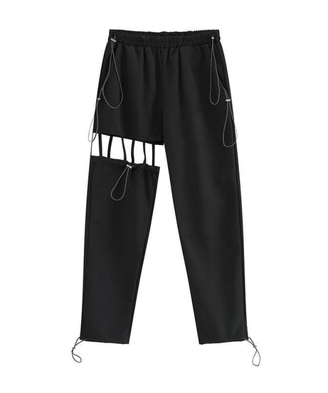 Edgy Chic Black Cut-Out Cargo Pants for Women | Adjustable Drawstring Streetwear for Fall