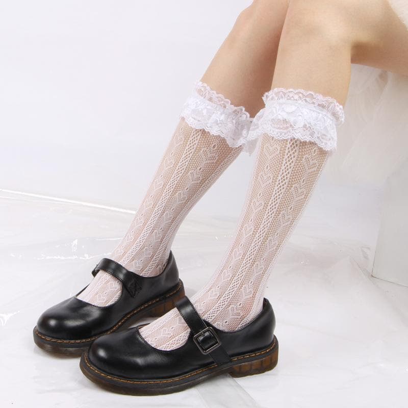 Sweetheart Lace Ruffle Knee-High Socks | Delicate Heart Knit | Cozy Fall & Coquette Style