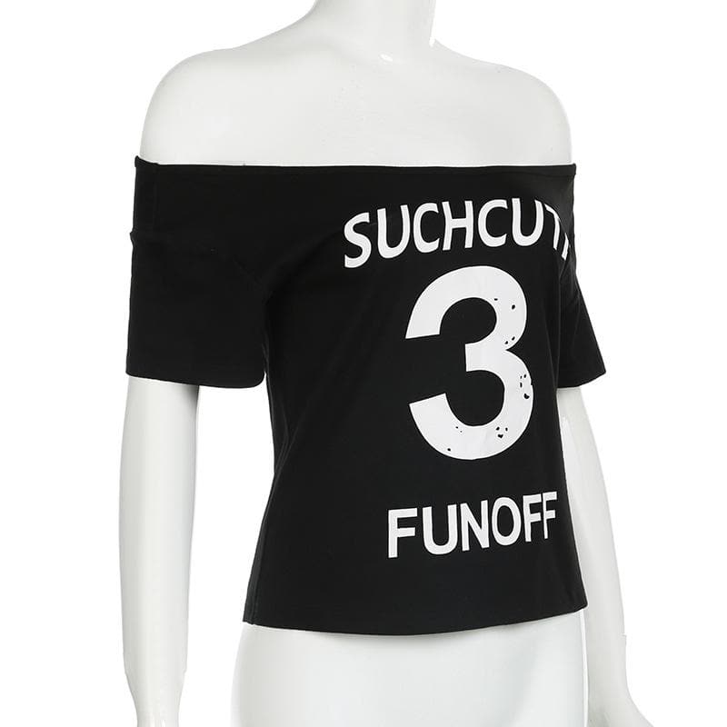 Such Cute 3 Fun Off Off-Shoulder Graphic Top - Trendy Black Fall Tee for Women