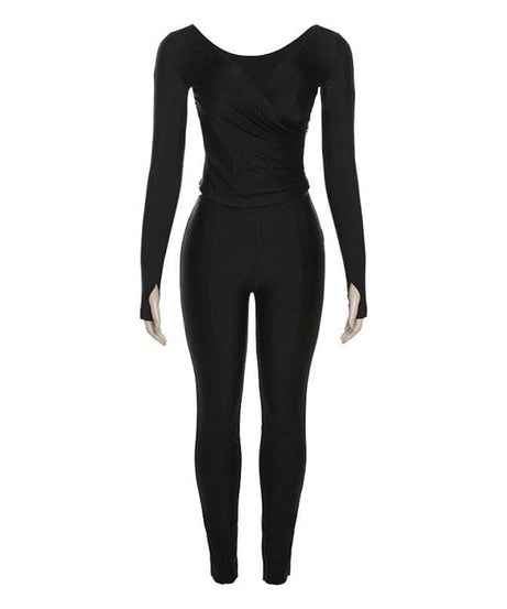 Chic Fall Athleisure: Black Ruched V-Neck Wrap Top & Leggings Set with Thumbholes