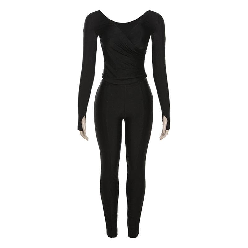 Chic Fall Athleisure: Black Ruched V-Neck Wrap Top & Leggings Set with Thumbholes