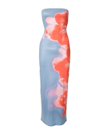 Vibrant Coral Floral Strapless Bodycon Maxi Dress - Chic Event & Resort Wear