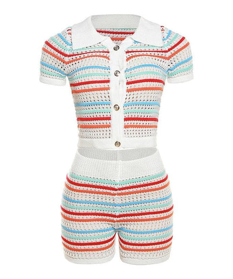 Coastal Chic Striped Crochet Knit Two-Piece Short Set – Your Go-To for Fall Getaways & Sunny Escapes