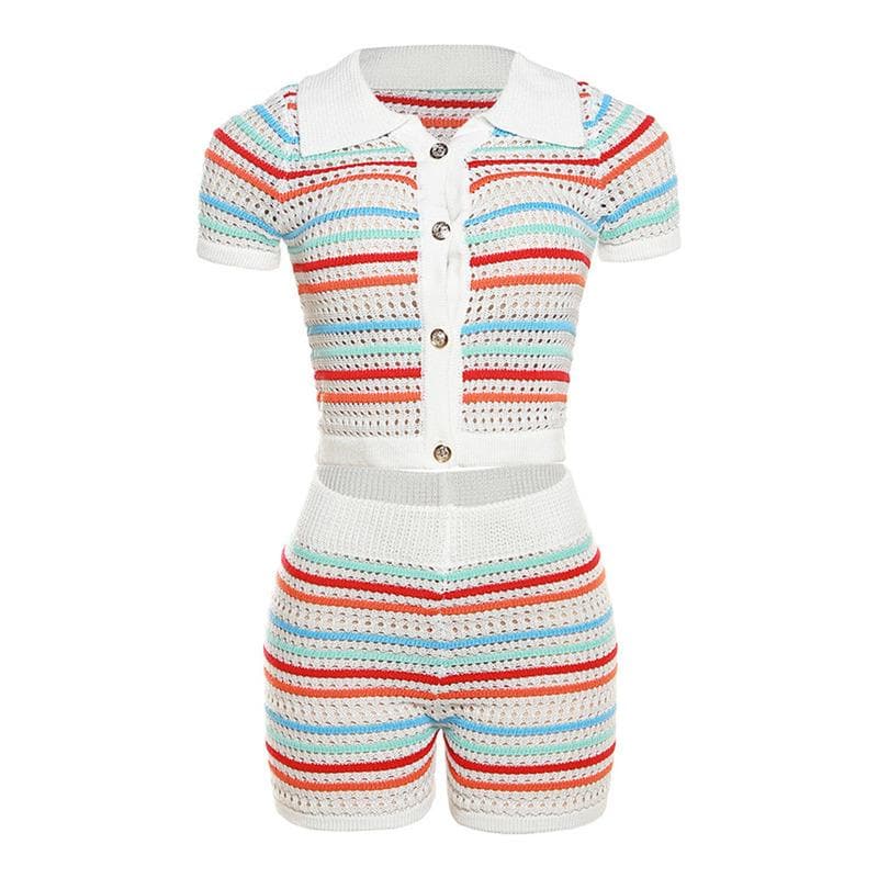 Coastal Chic Striped Crochet Knit Two-Piece Short Set – Your Go-To for Fall Getaways & Sunny Escapes
