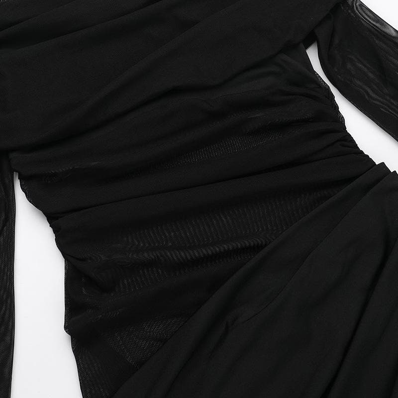 Alluring Black Mesh Off-Shoulder Maxi Dress - Ruched Evening Gown for Fall & Holiday Parties
