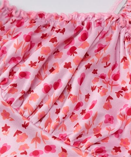 Vibrant Pink Floral Ruched Midi Dress with Ruffle Straps - Chic & Backless for Fall