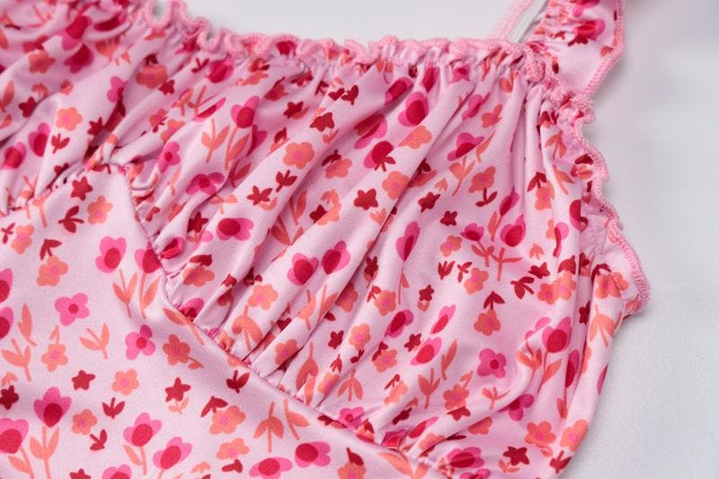 Vibrant Pink Floral Ruched Midi Dress with Ruffle Straps - Chic & Backless for Fall