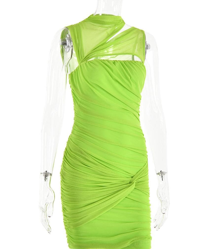 Electric Lime Ruched Mini Dress | Mesh Cutout Bodycon for Fall Parties