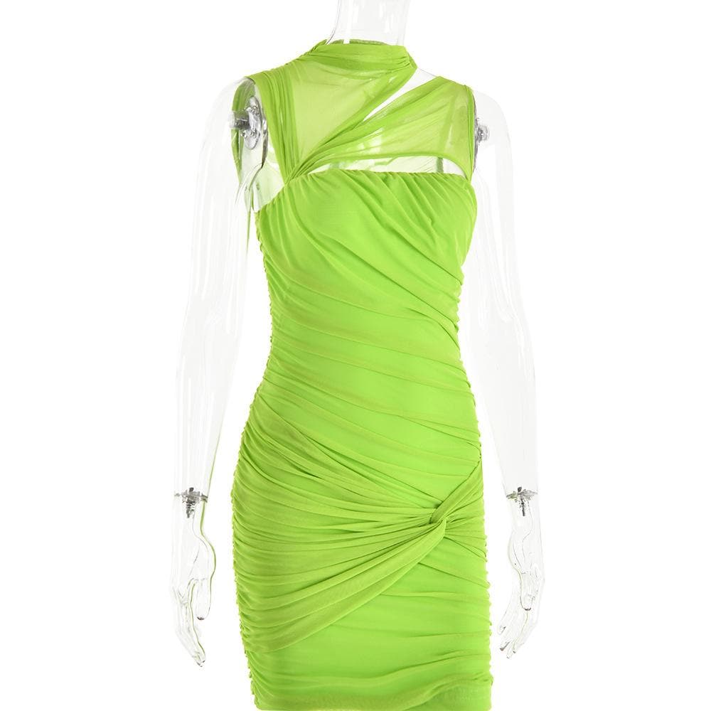 Electric Lime Ruched Mini Dress | Mesh Cutout Bodycon for Fall Parties