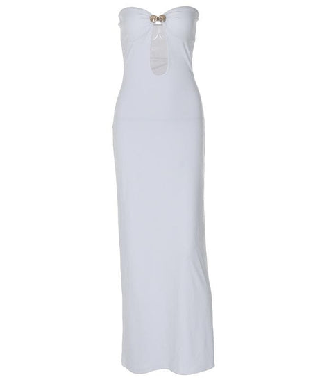 Goddess Chic White Strapless Cut-Out Maxi Dress with Gold Accent – Your Ultimate Resort & Holiday Soirée Statement