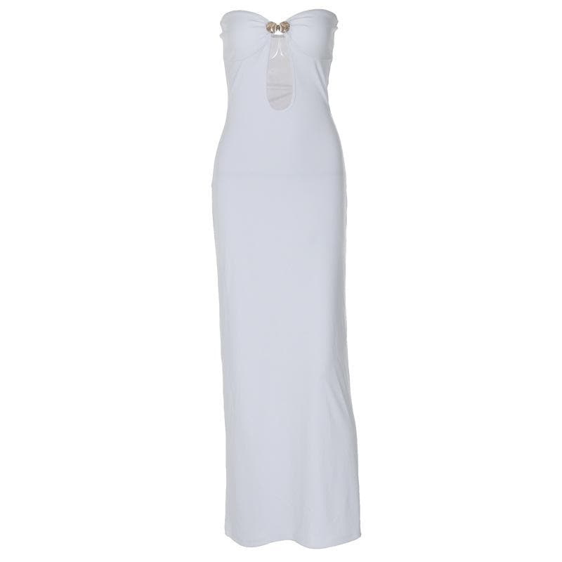 Goddess Chic White Strapless Cut-Out Maxi Dress with Gold Accent – Your Ultimate Resort & Holiday Soirée Statement