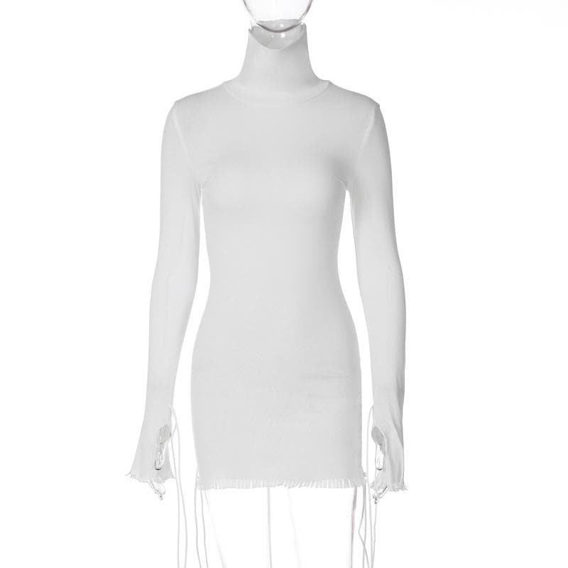Sleek White Mock Neck Bodycon Mini Dress | Adjustable Drawstring Details for Fall Nights