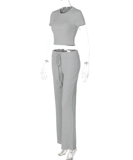 Effortless Fall Style: Cozy Heather Grey 2-Piece Cropped Tee & Wide-Leg Drawstring Pant Set
