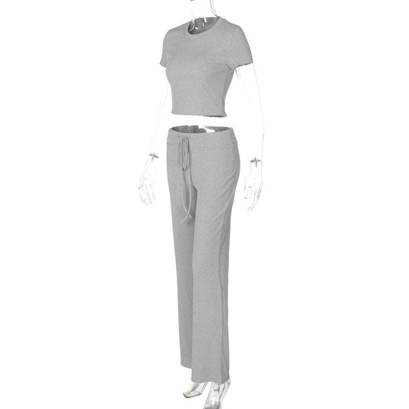 Effortless Fall Style: Cozy Heather Grey 2-Piece Cropped Tee & Wide-Leg Drawstring Pant Set