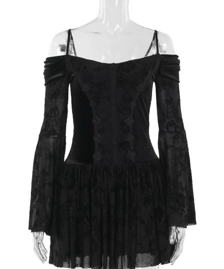 Slay the Night: Gothic Velvet Off-Shoulder Mini Dress - Dramatic Flared Sleeves for Halloween & Fall Parties