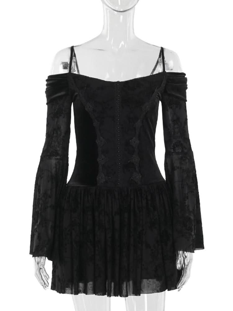 Slay the Night: Gothic Velvet Off-Shoulder Mini Dress - Dramatic Flared Sleeves for Halloween & Fall Parties