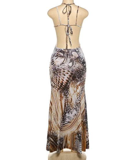 Daring Snakeskin Halter Cut-Out Maxi Dress - Fall Glam & Resort Ready