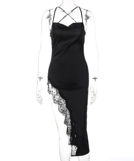 Alluring Black Satin Lace Slit Midi Dress - Cowl Neck & Criss-Cross Back for Fall & Holiday Glamour