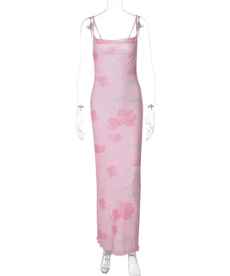 Dreamy Pink Floral Mesh Maxi Slip Dress | Knotted Backless | Perfect for Fall Vacations & Holiday Events