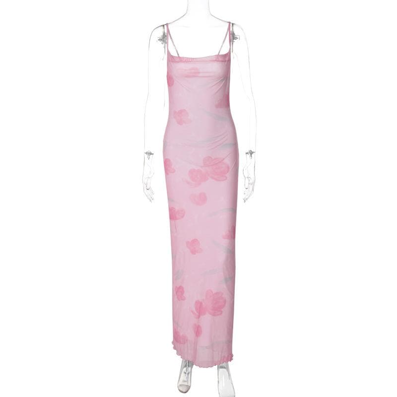 Dreamy Pink Floral Mesh Maxi Slip Dress | Knotted Backless | Perfect for Fall Vacations & Holiday Events