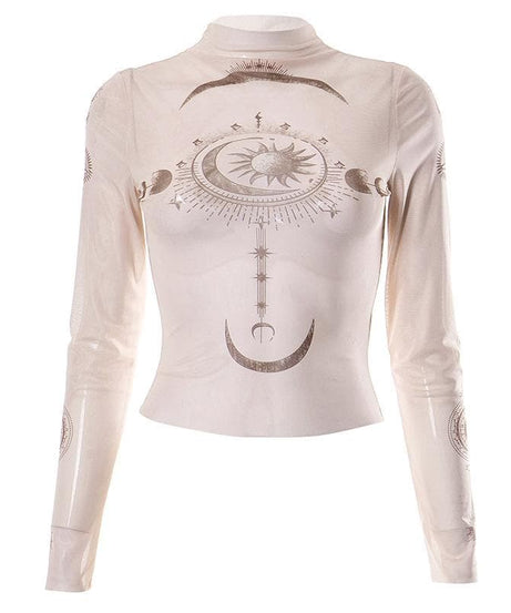 Cosmic Aura Sheer Mesh Mock Neck Top - Celestial Sun & Moon Fall Fashion
