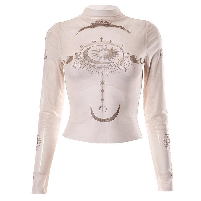 Cosmic Aura Sheer Mesh Mock Neck Top - Celestial Sun & Moon Fall Fashion