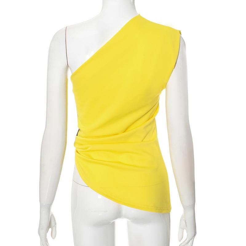 Radiant Yellow One-Shoulder Statement Top - Chic Ruched Buckle Accent for Fall Evenings