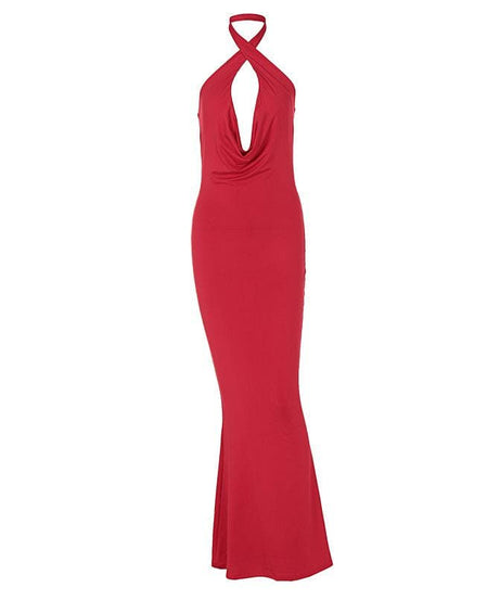 The Radiant Red Halter Cowl Neck Mermaid Maxi Dress - Your Holiday Season & Gala Showstopper