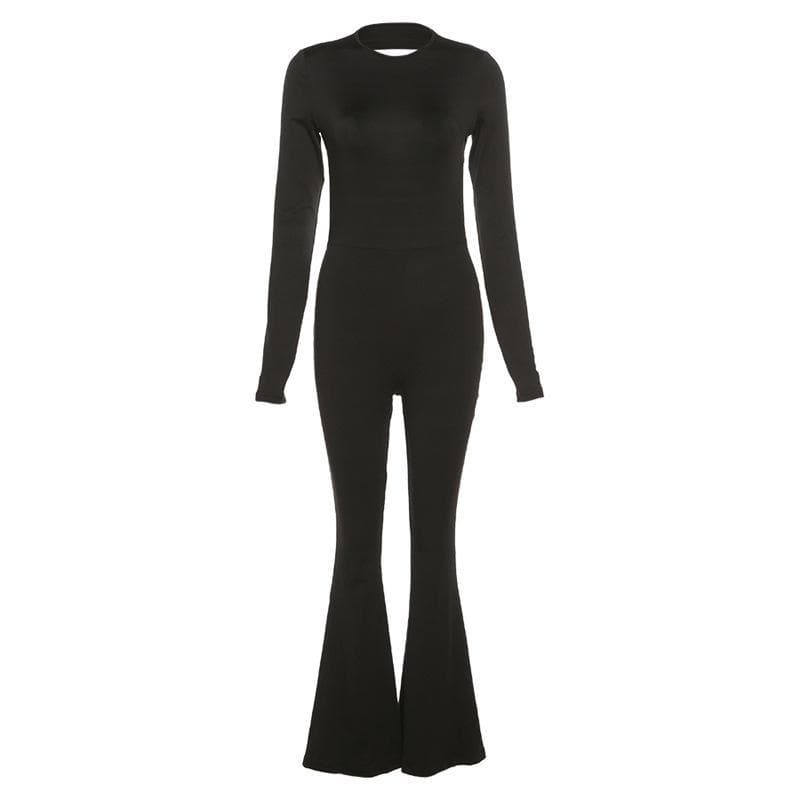 Head-Turning Black Backless Bell Bottom Jumpsuit – Long Sleeve Statement for Fall & Holiday Glam