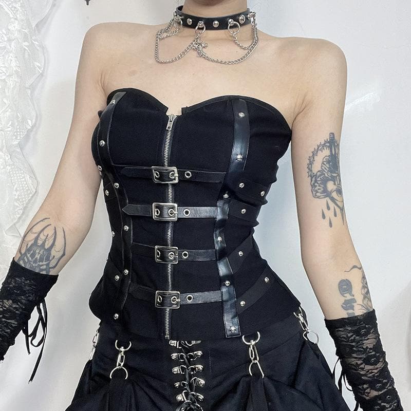 Rebel Chic Buckle & Zip Corset Top | Edgy Strapless Bustier for Fall & Halloween