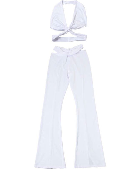 Chic White Twist Halter Crop Top & Flare Pant Set - Holiday Glam & Resort Ready