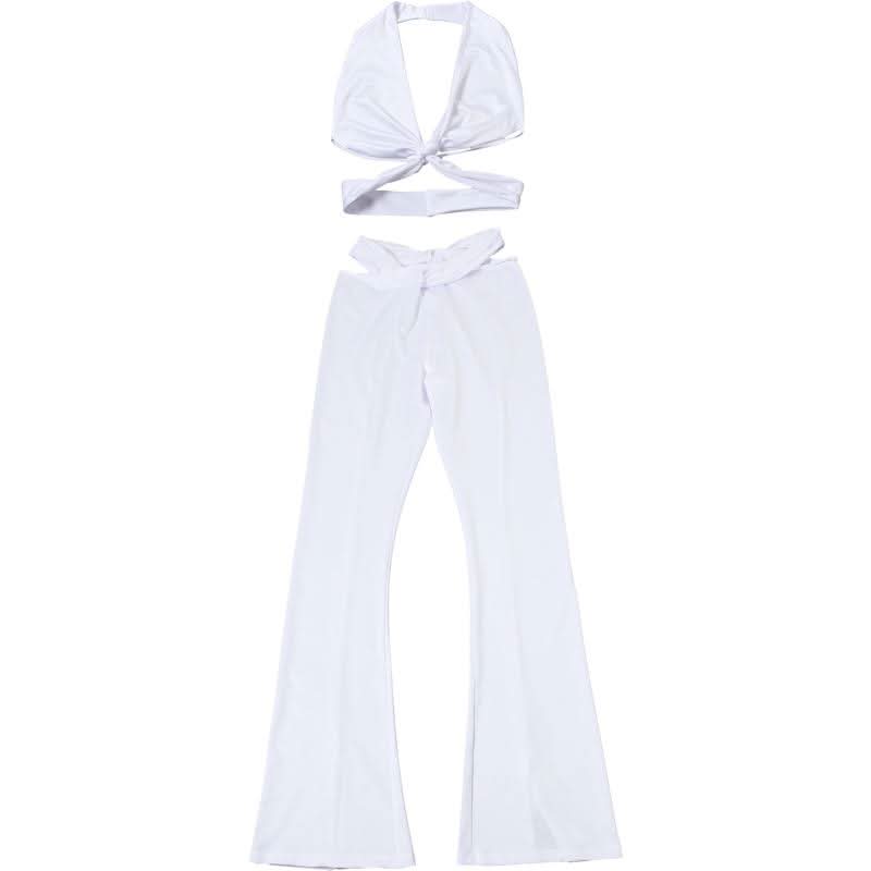 Chic White Twist Halter Crop Top & Flare Pant Set - Holiday Glam & Resort Ready