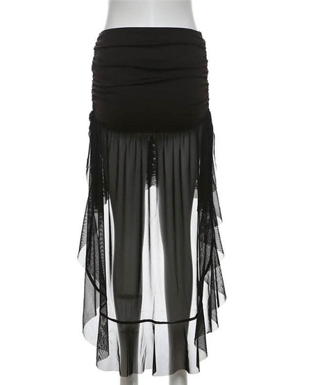 Dramatic Gothic High-Low Mesh Skirt - Fall Edgy Ruffle Maxi for Halloween