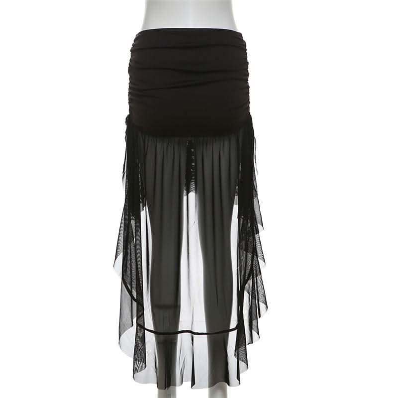 Dramatic Gothic High-Low Mesh Skirt - Fall Edgy Ruffle Maxi for Halloween
