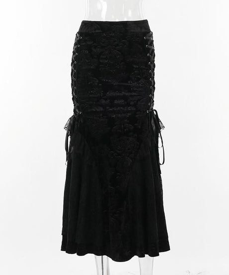 Enchanting Black Velvet Lace-Up Maxi Skirt | Gothic Fall & Halloween Statement Piece