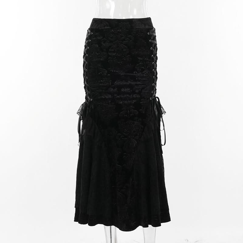Enchanting Black Velvet Lace-Up Maxi Skirt | Gothic Fall & Halloween Statement Piece
