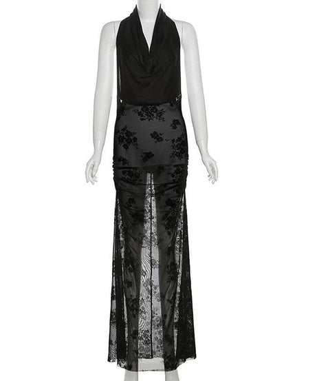 Sultry Bloom Black Sheer Maxi Dress - Halter Cowl Neck for Fall & Holiday Nights
