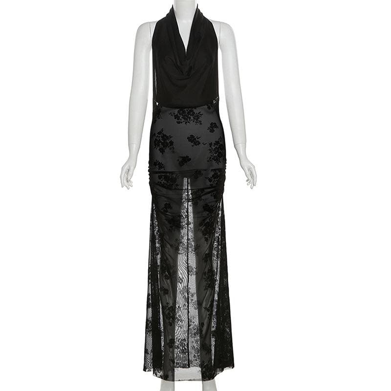 Sultry Bloom Black Sheer Maxi Dress - Halter Cowl Neck for Fall & Holiday Nights
