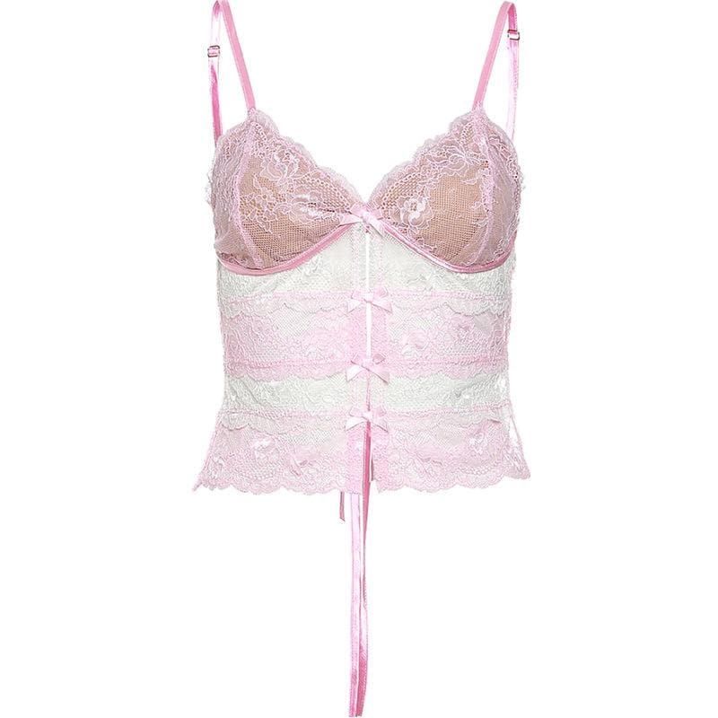 Coquette Chic: Pink Lace Bow Cut-Out Cami Top – Your Autumn Evening & Halloween Party Essential