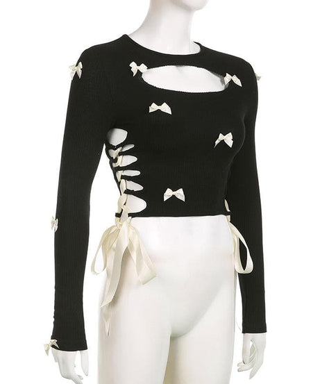 Coquette Charm: Black Bowknot Lace-Up Long Sleeve Crop Top | Chic Fall Cut-Out Style