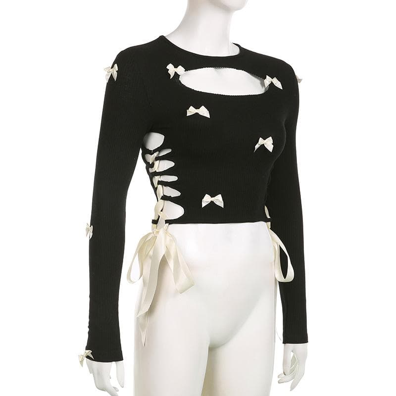 Coquette Charm: Black Bowknot Lace-Up Long Sleeve Crop Top | Chic Fall Cut-Out Style