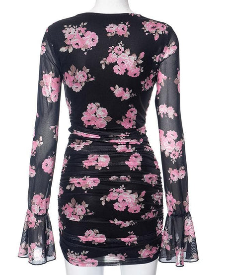 Enchanting Fall Floral Mesh Mini Dress | Chic Cowl Neck & Bell Sleeves