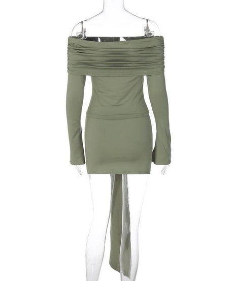 Trendy Fall Nights: Ruched Off-Shoulder Crop Top & Asymmetrical Mini Skirt Set
